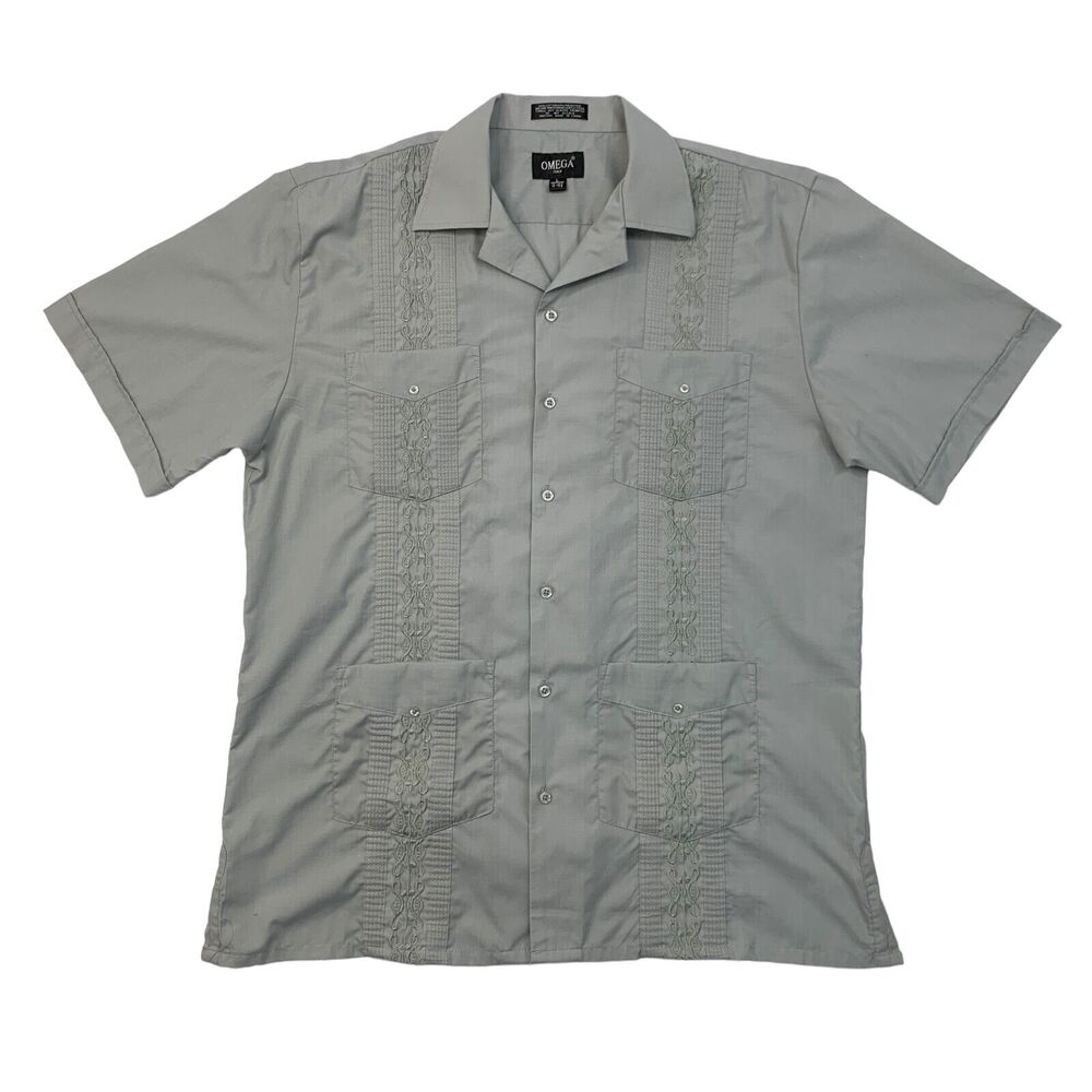 Omega Embroidered Button Up Shirt Mens L Large Gray Short Sleeve Cotton Blend